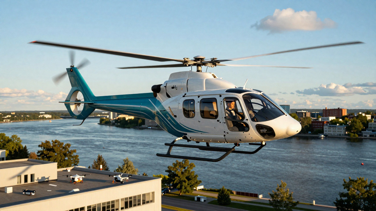 Helicóptero branco e azul voando sobre edifícios e rio sob céu azul com poucas nuvens.