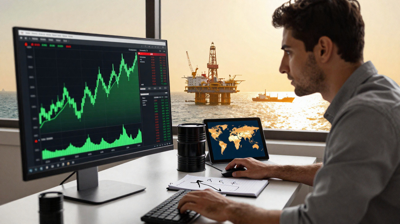 Homem analisando gráficos financeiros no computador com plataforma de petróleo ao fundo no mar.
