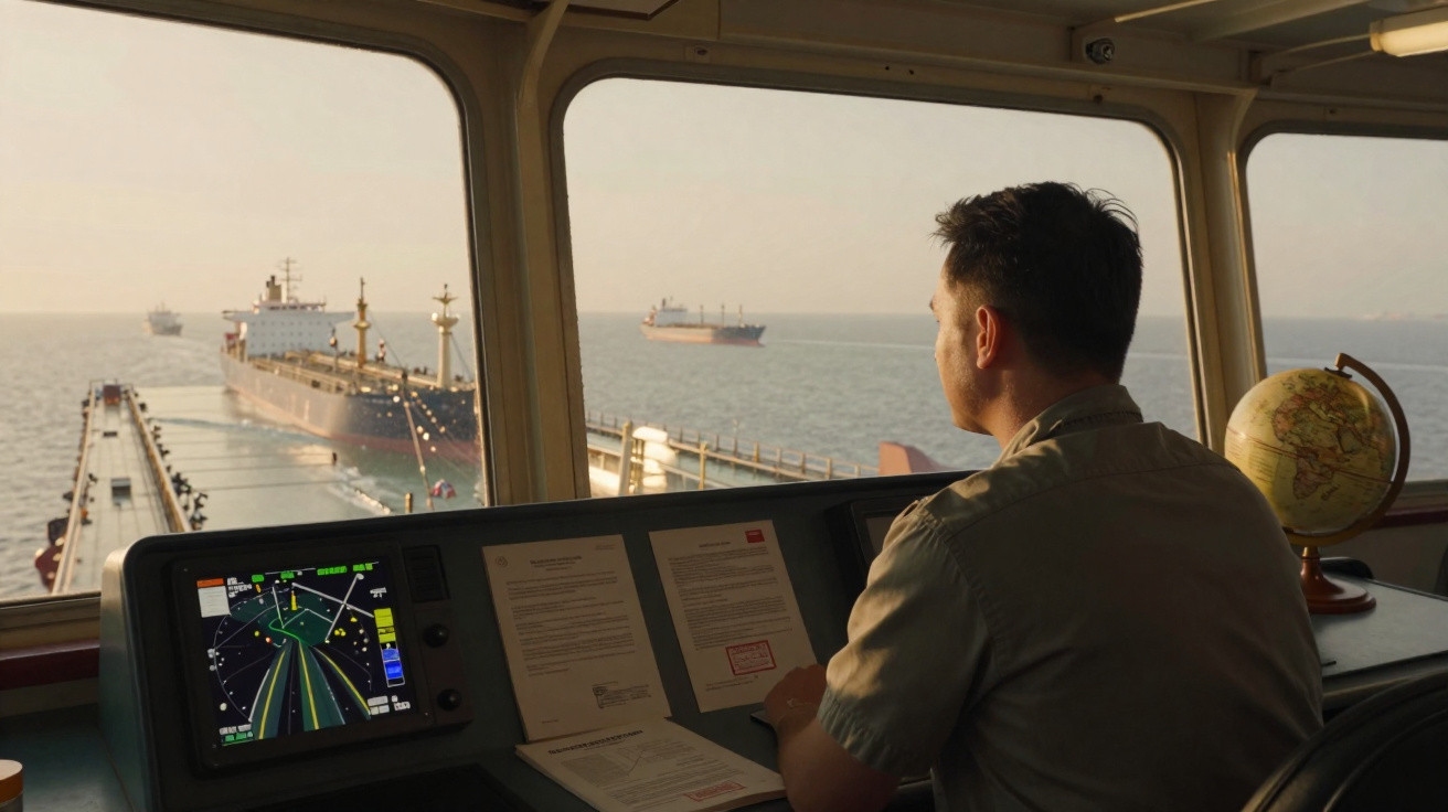 Homem na cabine de navio observando instrumentos e outros navios no mar à frente.