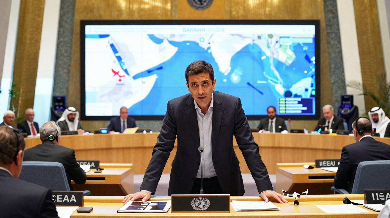Homem fala em conferência da ONU com mapa geopolítico ao fundo e participantes sentados ao redor da sala.