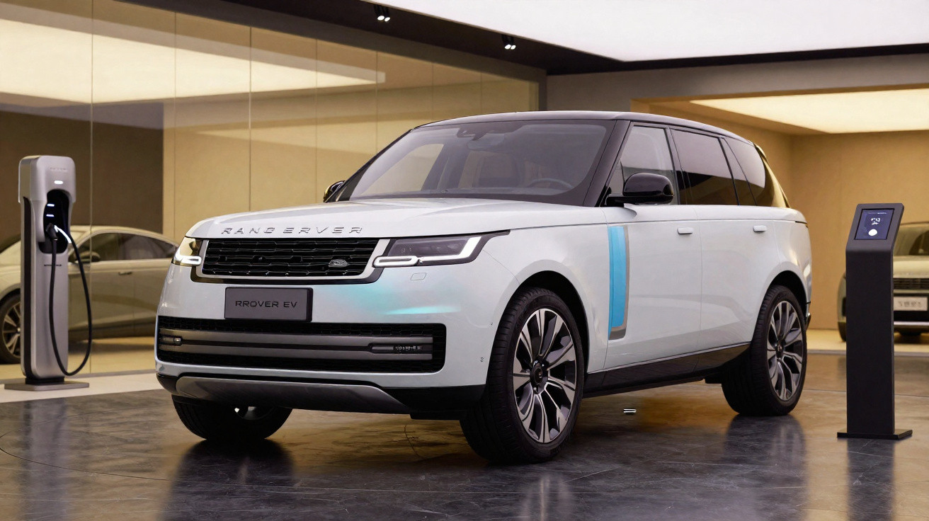 SUV Range Rover EV branco estacionado em showroom moderno, com estação de carregamento elétrico à esquerda.