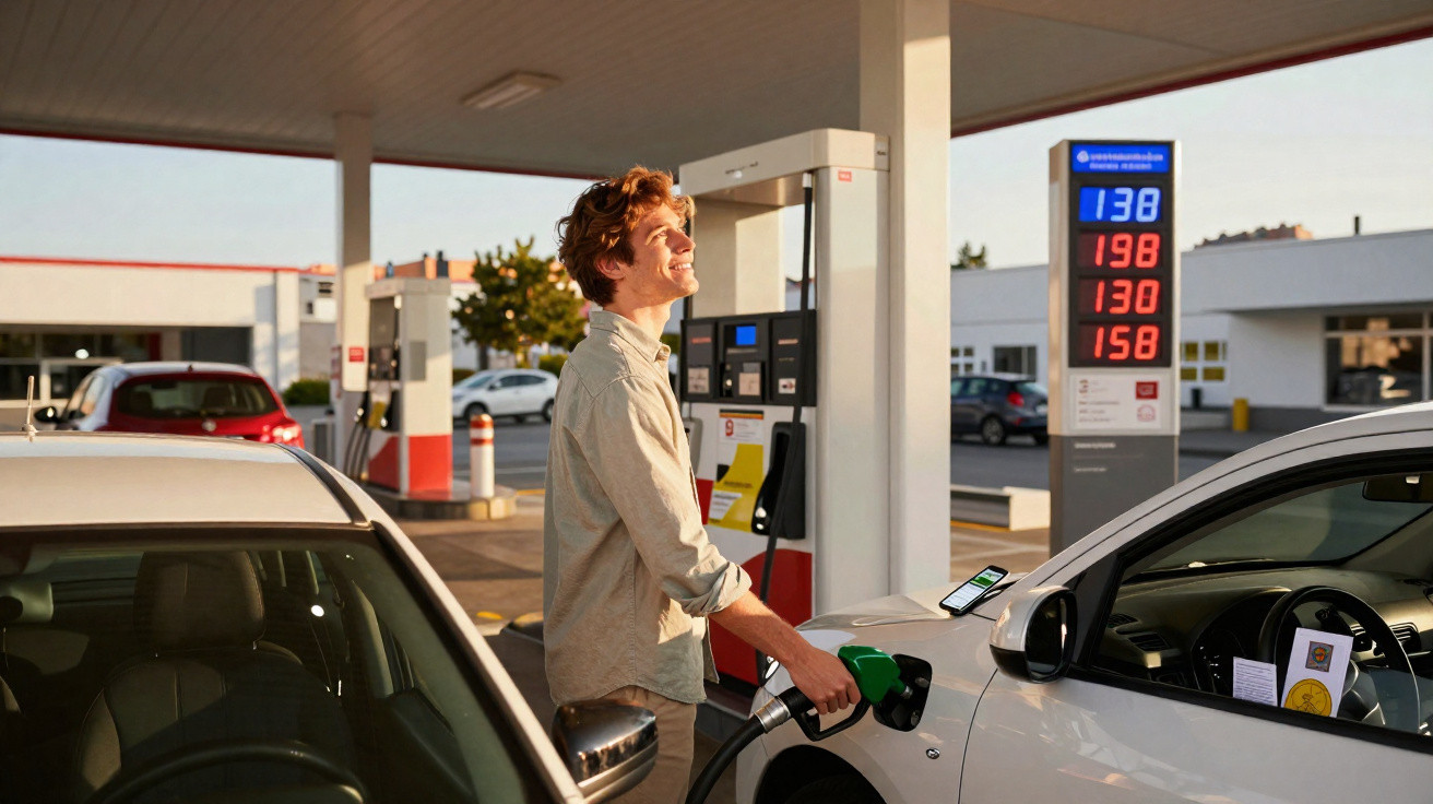 Homem sorri enquanto abastece carro branco em posto de gasolina ao entardecer.