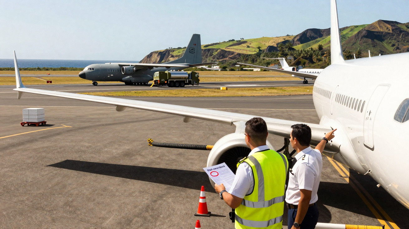 Dois funcionários inspecionam avião branco no aeroporto com pistas e montanhas ao fundo.