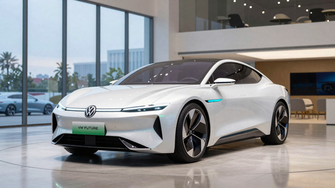 Carro elétrico branco VW Future exposto em salão moderno com grandes janelas e iluminação interna.