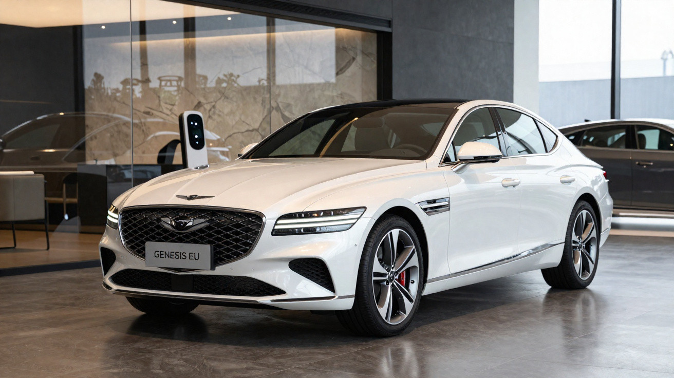 Carro elétrico branco Genesis G80 estacionado em showroom moderno com parede de vidro ao fundo.