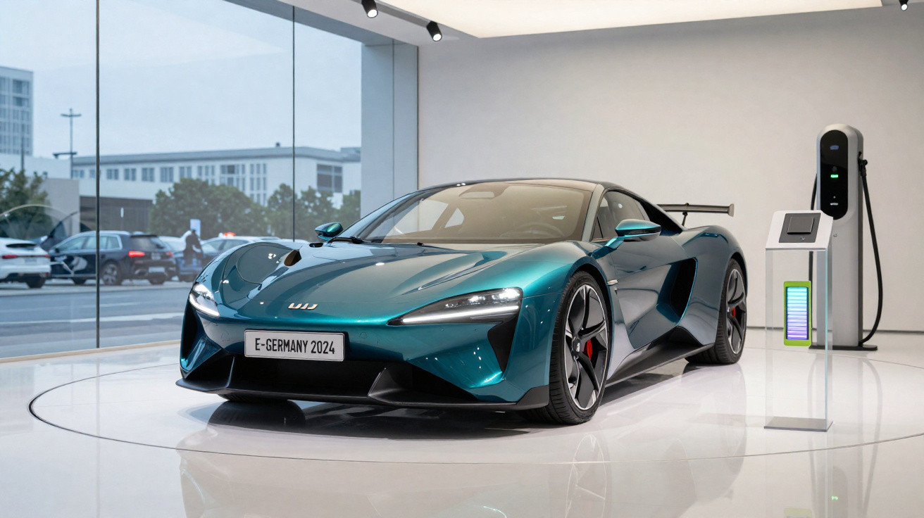 Carro esportivo elétrico azul em exposição moderna com estação de recarga ao lado.