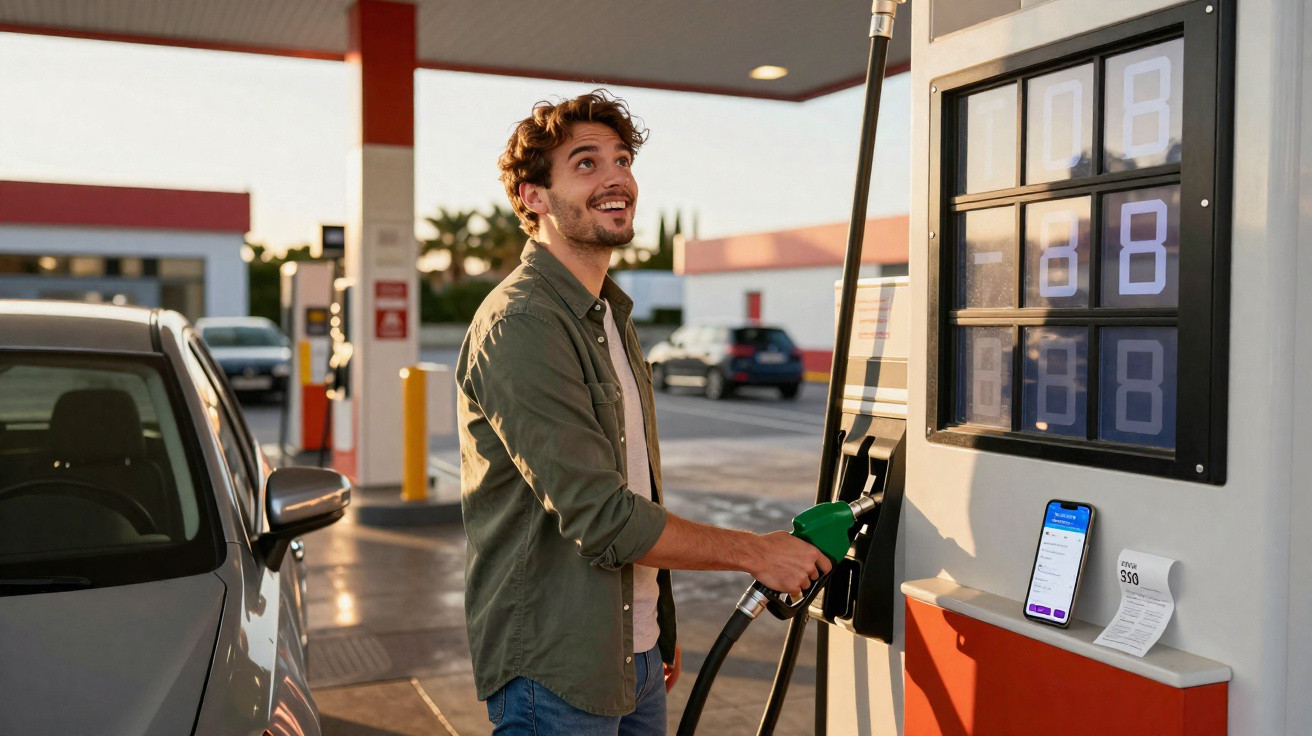 Homem sorridente abastecendo carro com bomba de combustível em posto de gasolina.