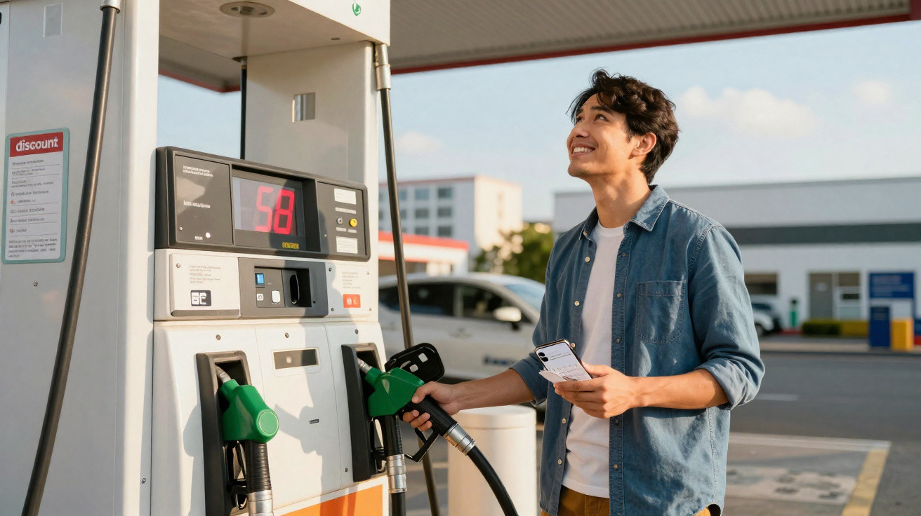 Homem sorridente abastecendo carro em posto de gasolina segurando celular, céu claro ao fundo.