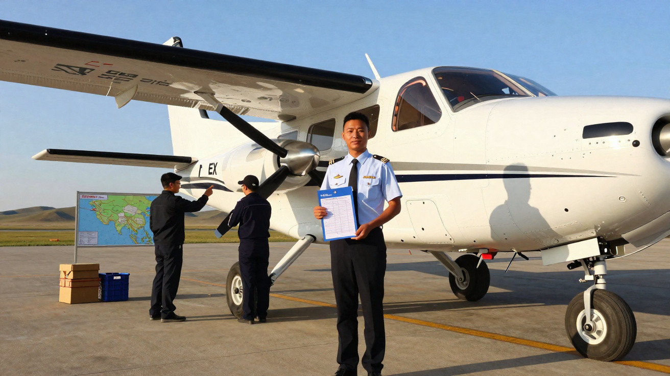 Piloto em uniforme segurando checklist ao lado de avião pequeno, com técnicos e mapa ao fundo no aeroporto.