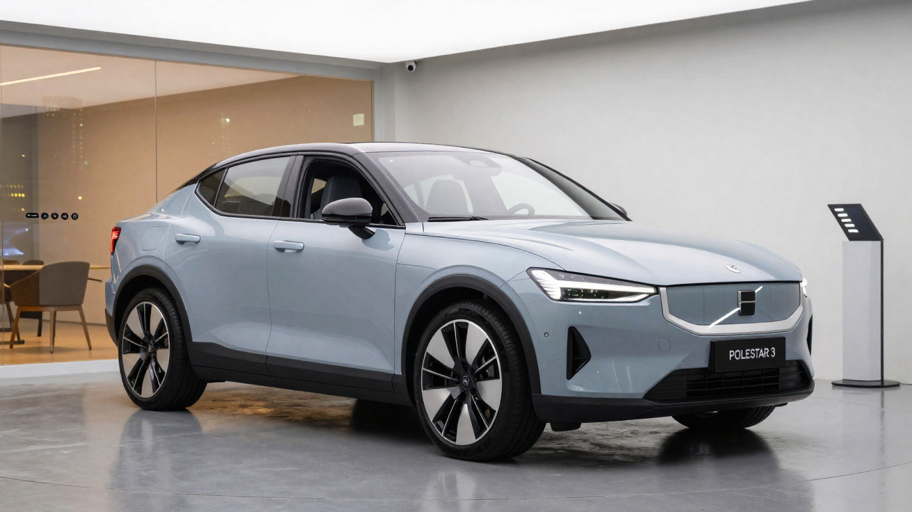 Carro elétrico Polestar 3 cinza claro estacionado em ambiente interno moderno.