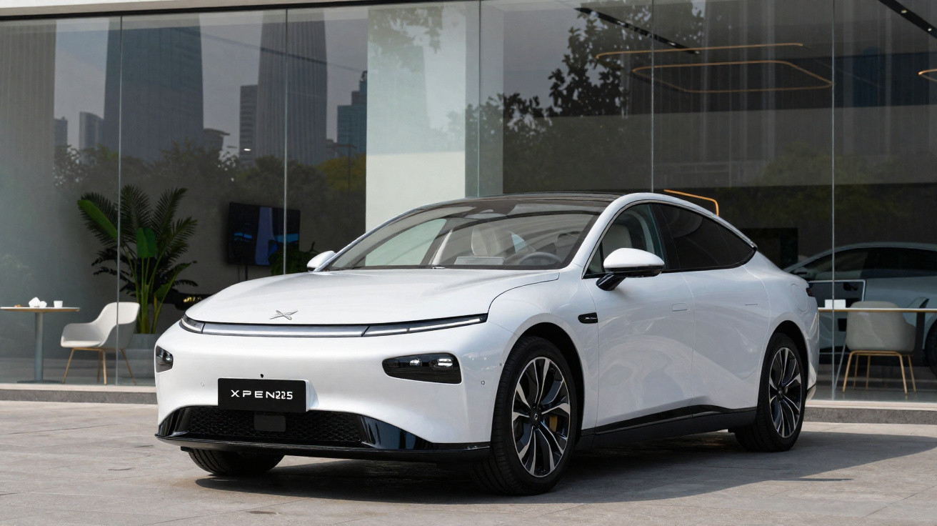 Carro elétrico branco Xpeng XPeng P7 estacionado em frente a prédio com fachada de vidro.