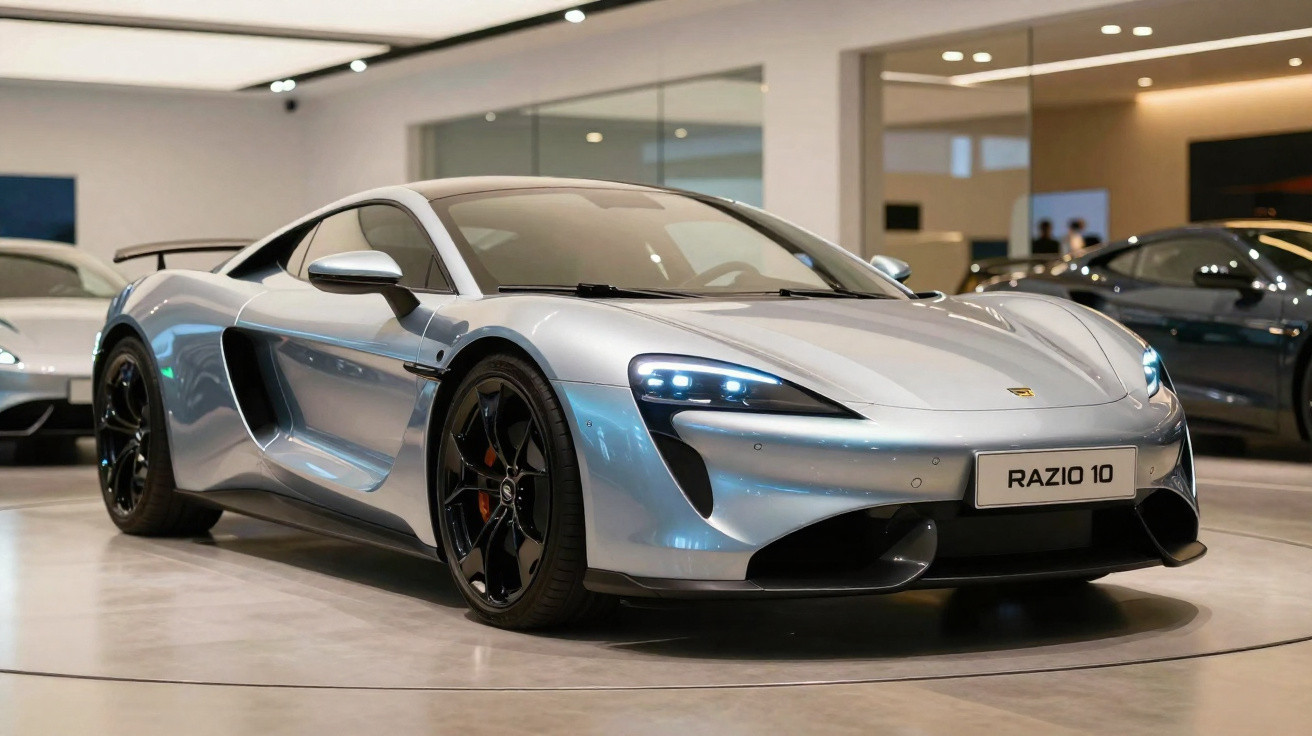 Carro esportivo prata com rodas pretas, luzes dianteiras acesas em showroom moderno.