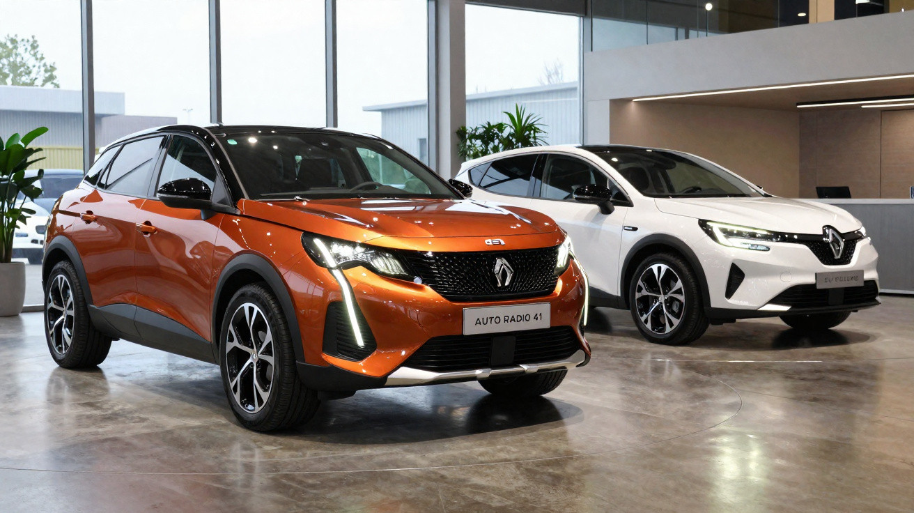 Dois carros SUV Renault, um laranja e um branco, exibidos em showroom moderno com piso de cimento polido.