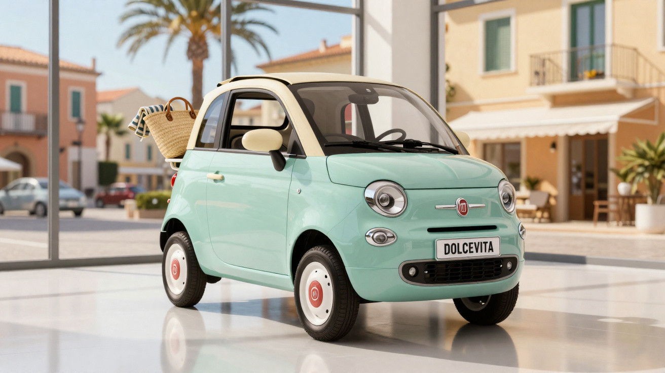 Carro compacto Fiat 500 verde menta estacionado com sacola de compras na traseira, ao ar livre.