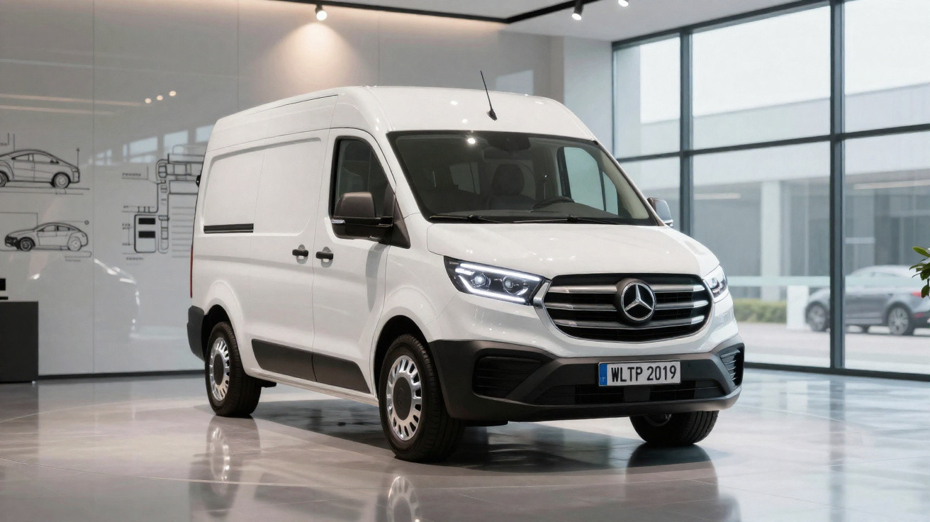 Van branca Mercedes-Benz estacionada dentro de showroom moderno com paredes de vidro e piso refletivo.