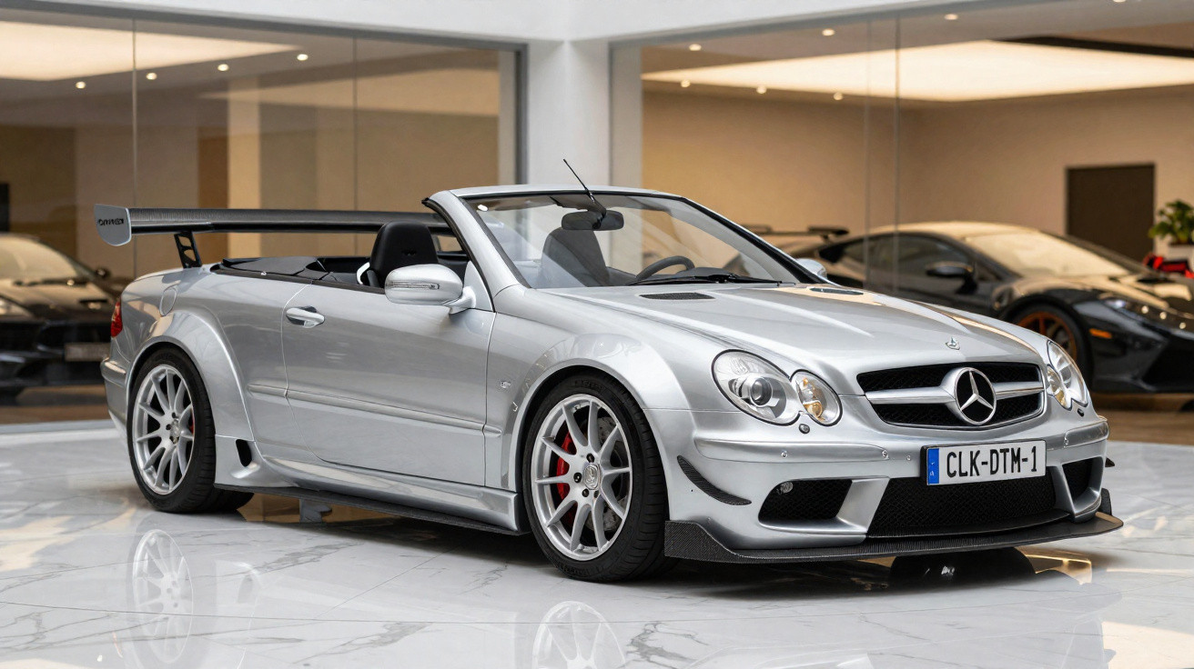 Carro esportivo Mercedes-Benz conversível prata em exposição interna com asa traseira grande.