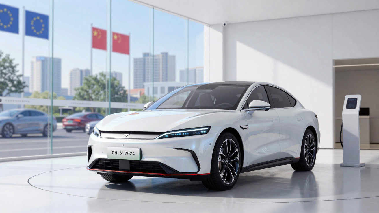 Carro elétrico branco moderno exposto em showroom com bandeiras da União Europeia e China ao fundo.