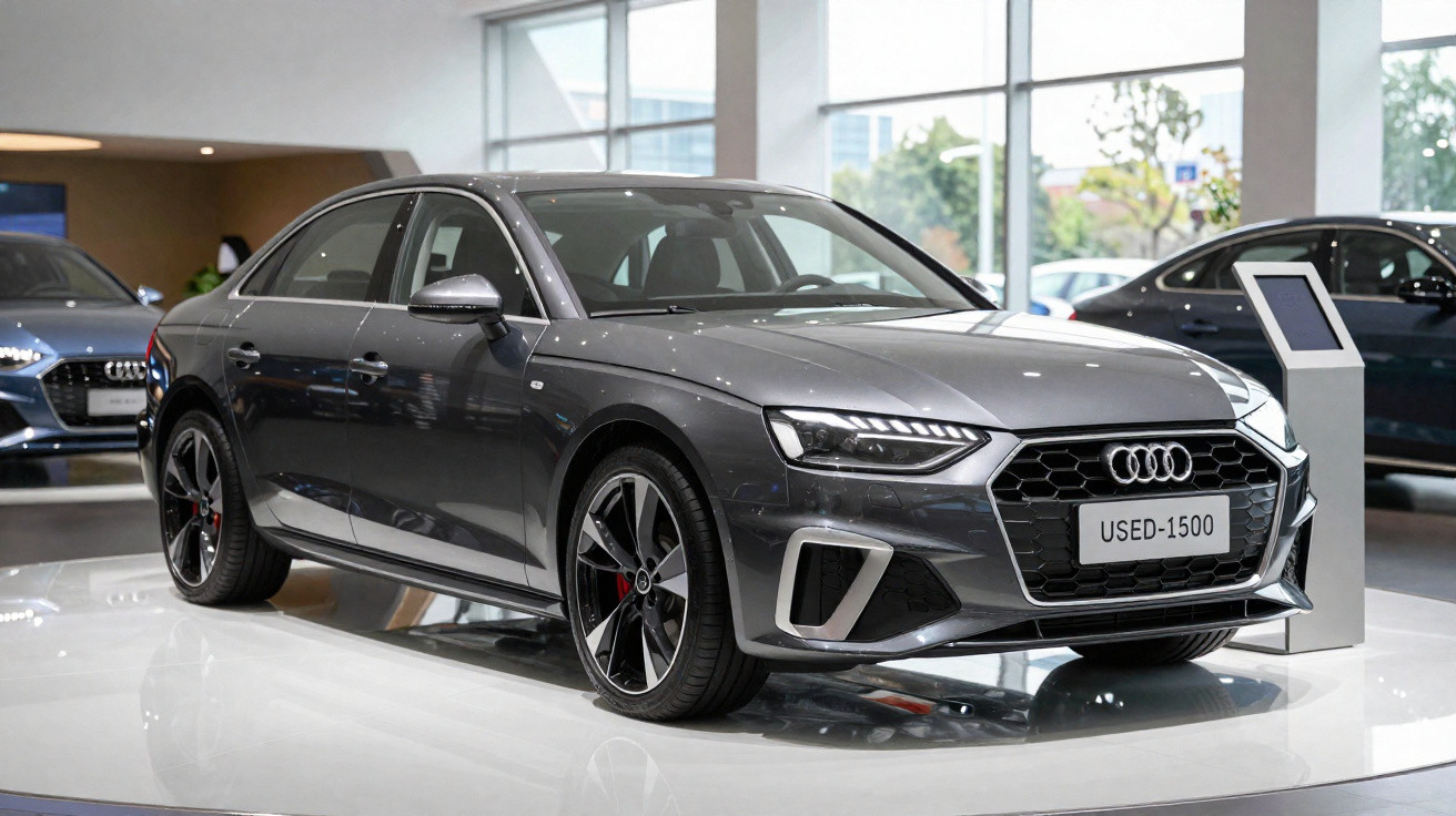 Carro Audi cinza escuro exibido em showroom moderno com iluminação natural e piso branco brilhante.