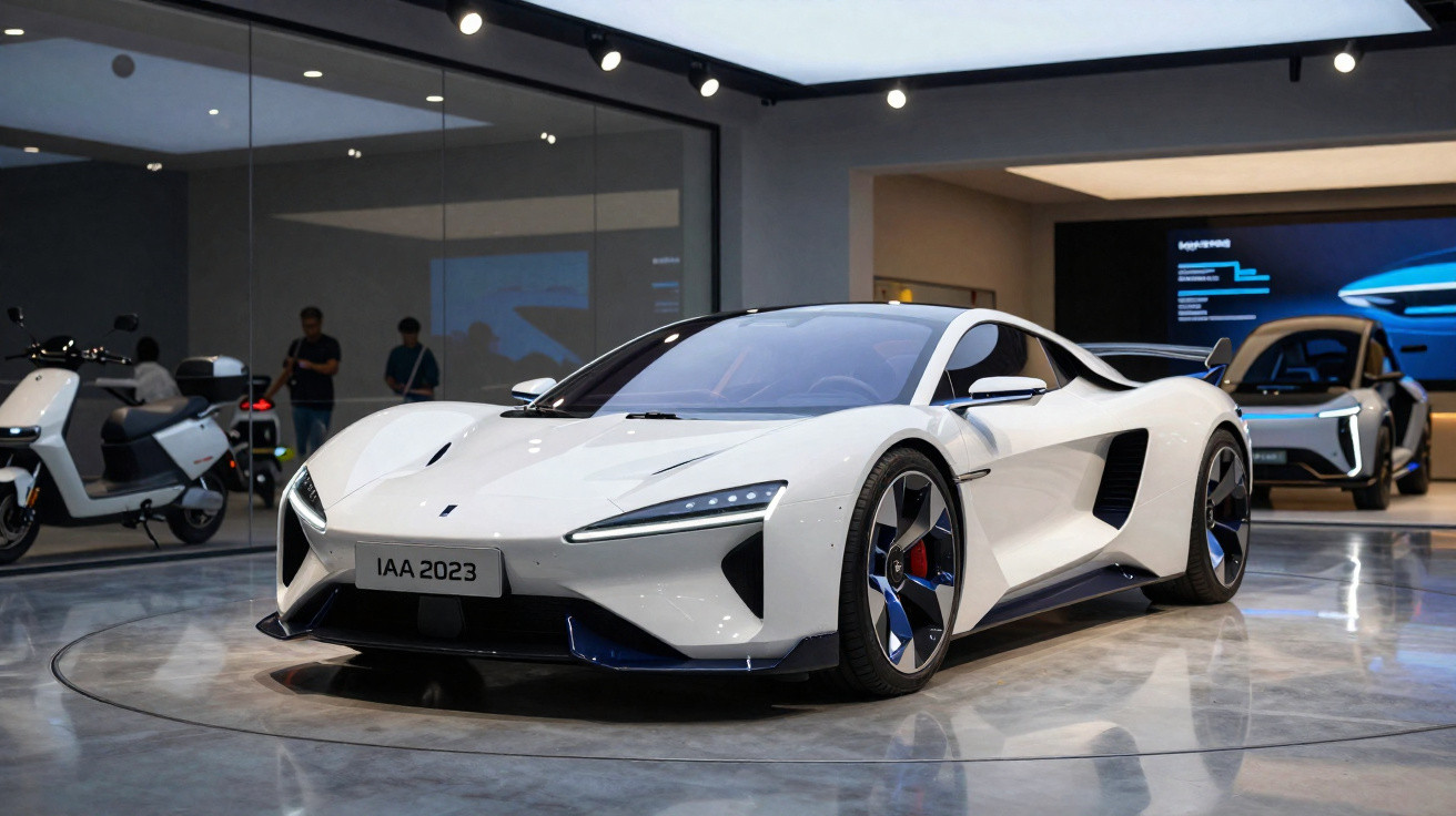Carro esportivo branco moderno em exposição, com design aerodinâmico e rodas destacadas em salão futurista.