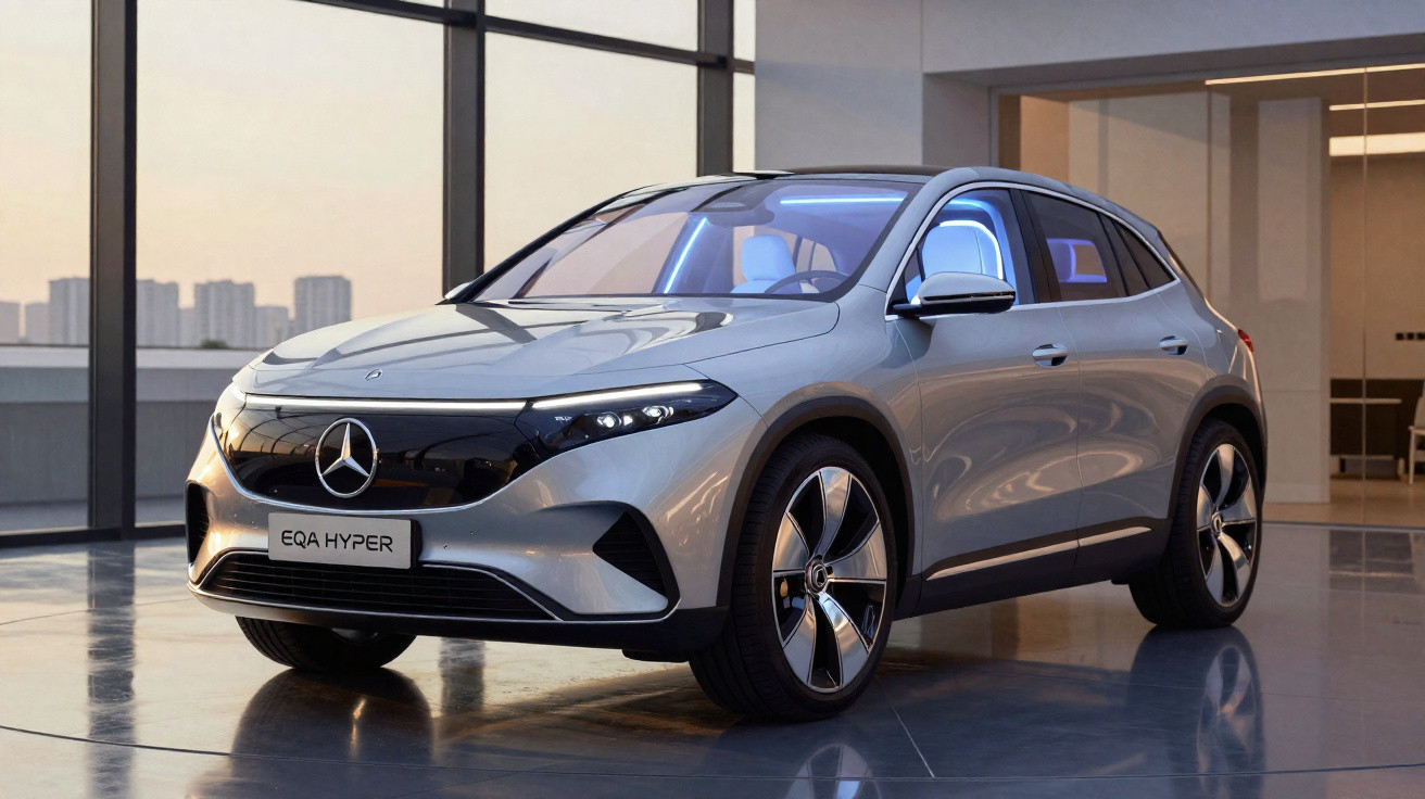 Carro elétrico Mercedes-Benz EQA Hyper cinza estacionado em ambiente interno com janelas grandes.