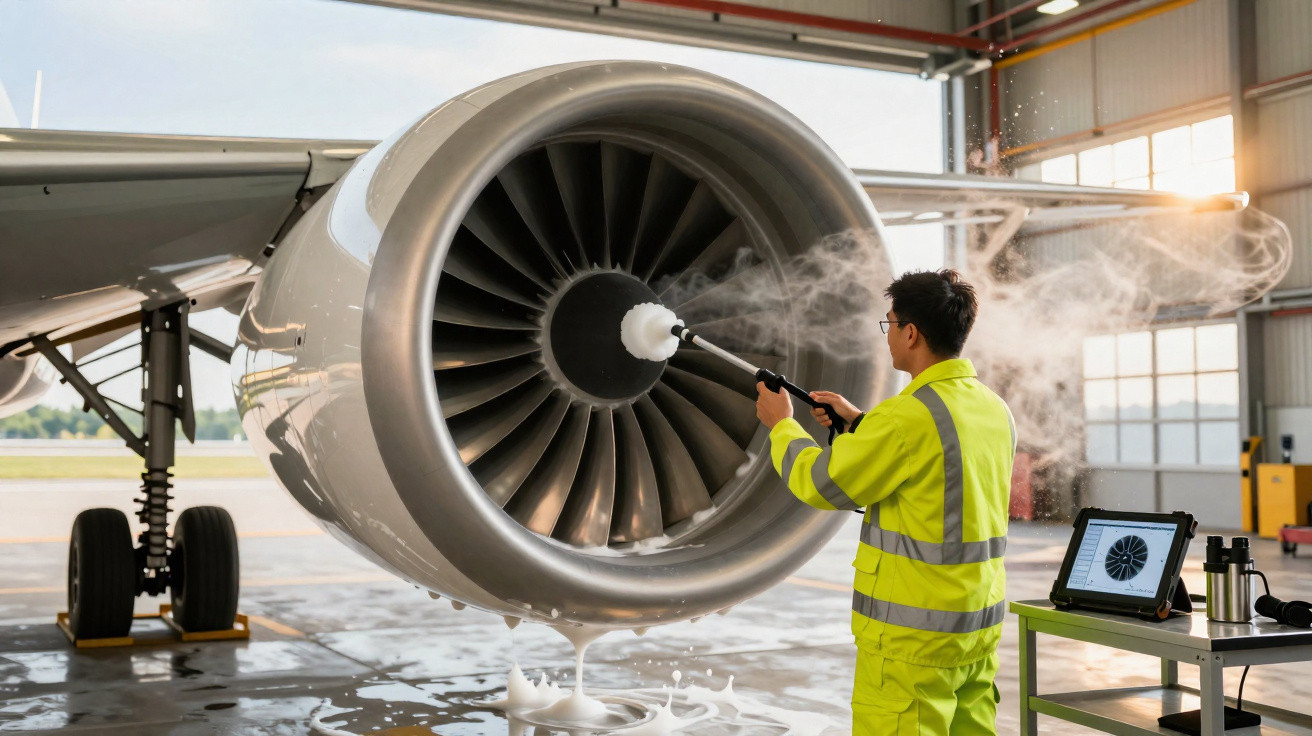 Técnico usando equipamento de limpeza a vapor para lavar motor de avião em hangar.