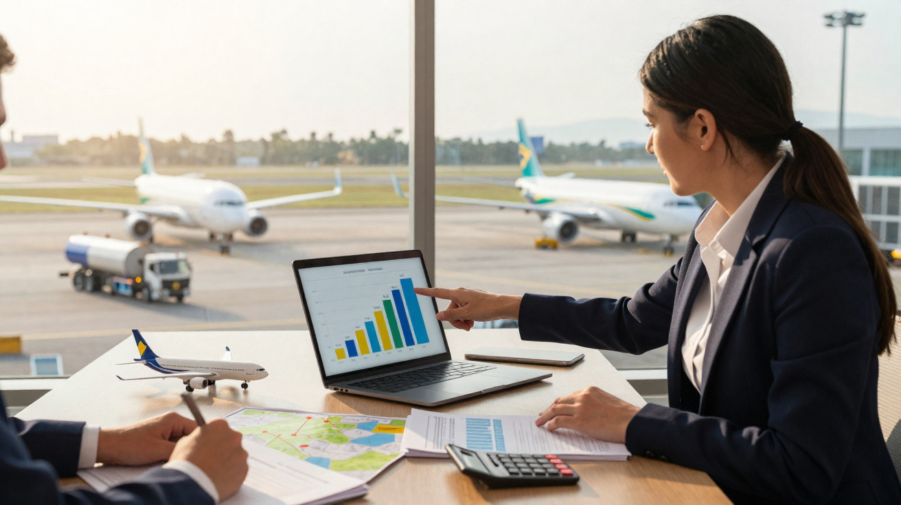 Mulher em reunião de negócios no aeroporto, analisando gráfico de crescimento no laptop com aviões ao fundo.