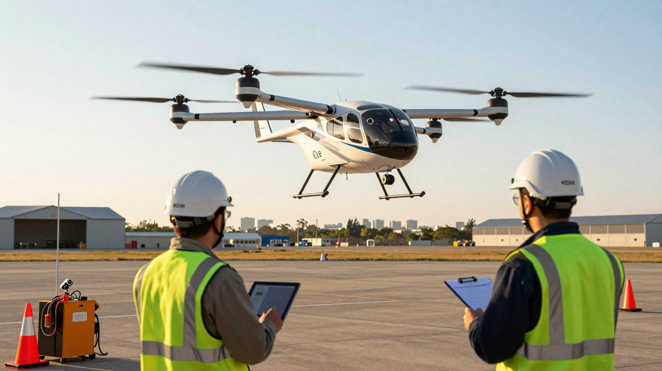 Dois técnicos com coletes e capacetes monitoram o voo de um táxi aéreo elétrico em pista de aeroporto.
