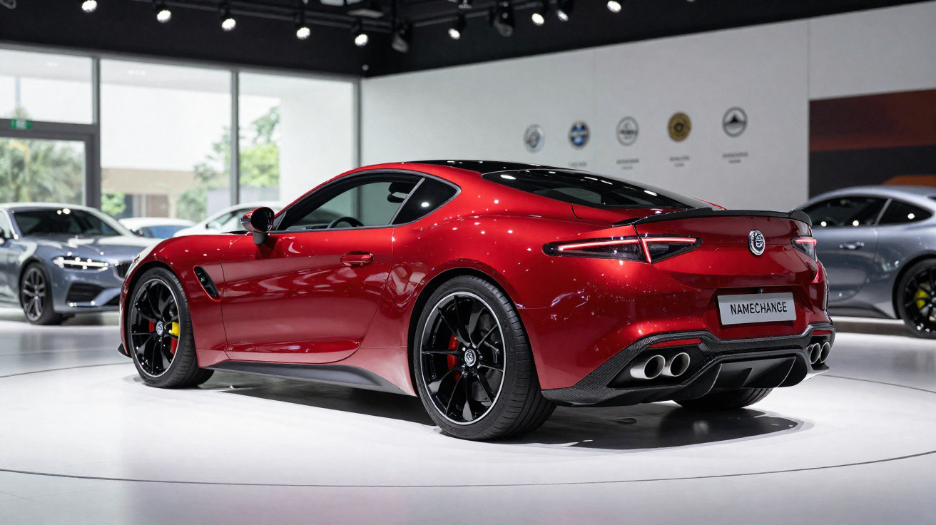 Carro esportivo vermelho brilhante com rodas pretas em exposição interna, vista traseira lateral direita.