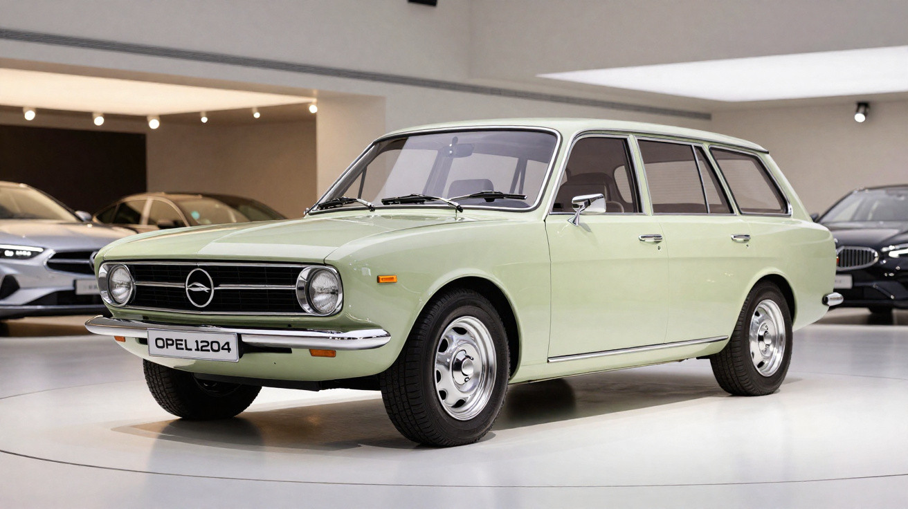 Carro clássico Opel 1204 perua verde claro em exposição interna com outros veículos ao fundo.