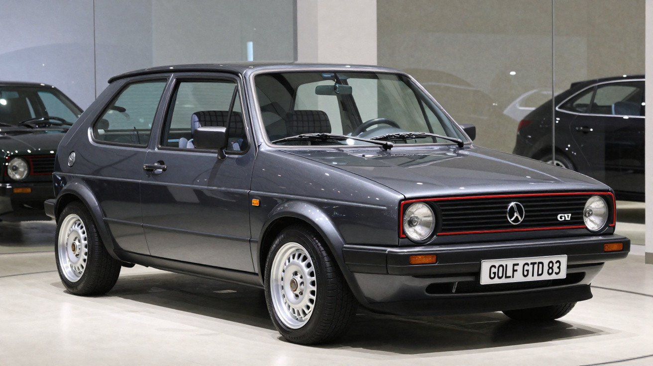 Carro Volkswagen Golf GTD 1983 cinza escuro estacionado em ambiente interno com parede espelhada ao fundo.