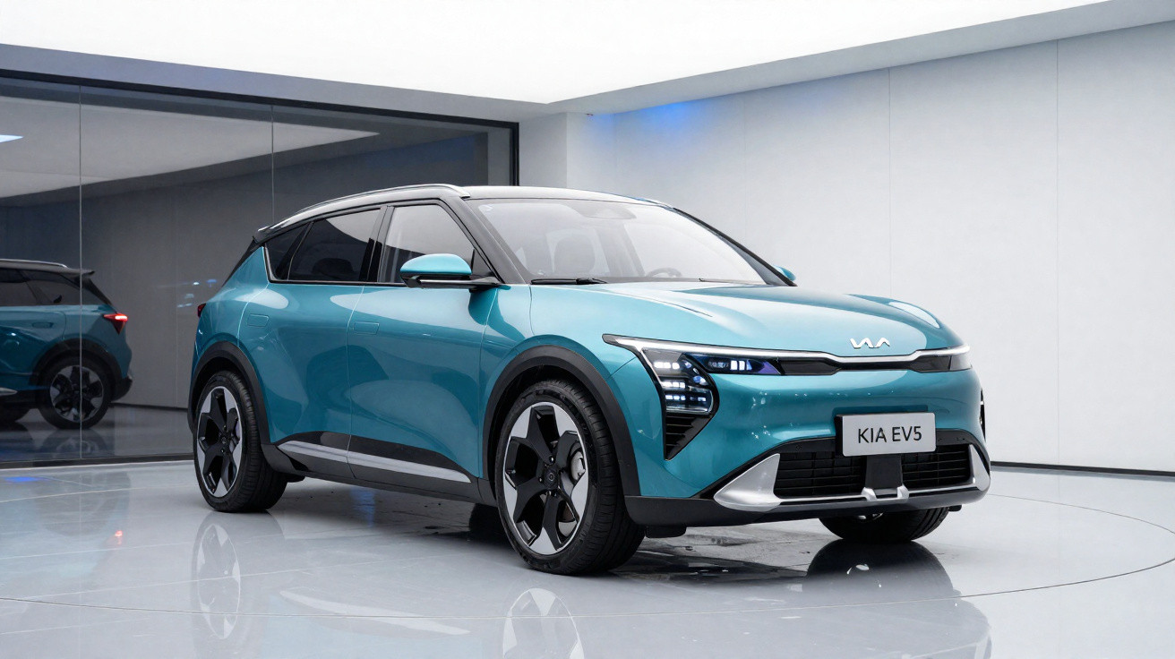 Carro elétrico Kia EV5 azul exposto em ambiente interno moderno com iluminação branca.
