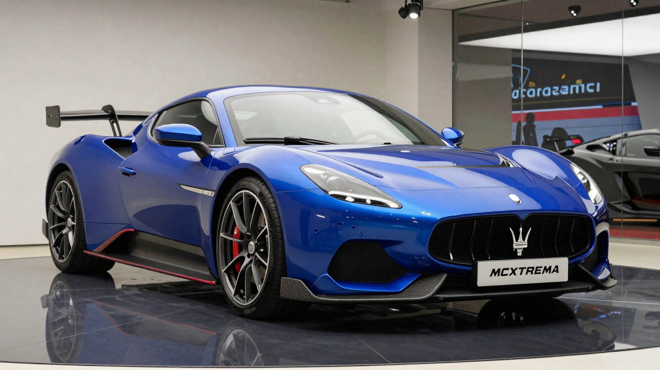 Carro esportivo azul Maserati MCXtrema exposto em showroom moderno com piso brilhante.