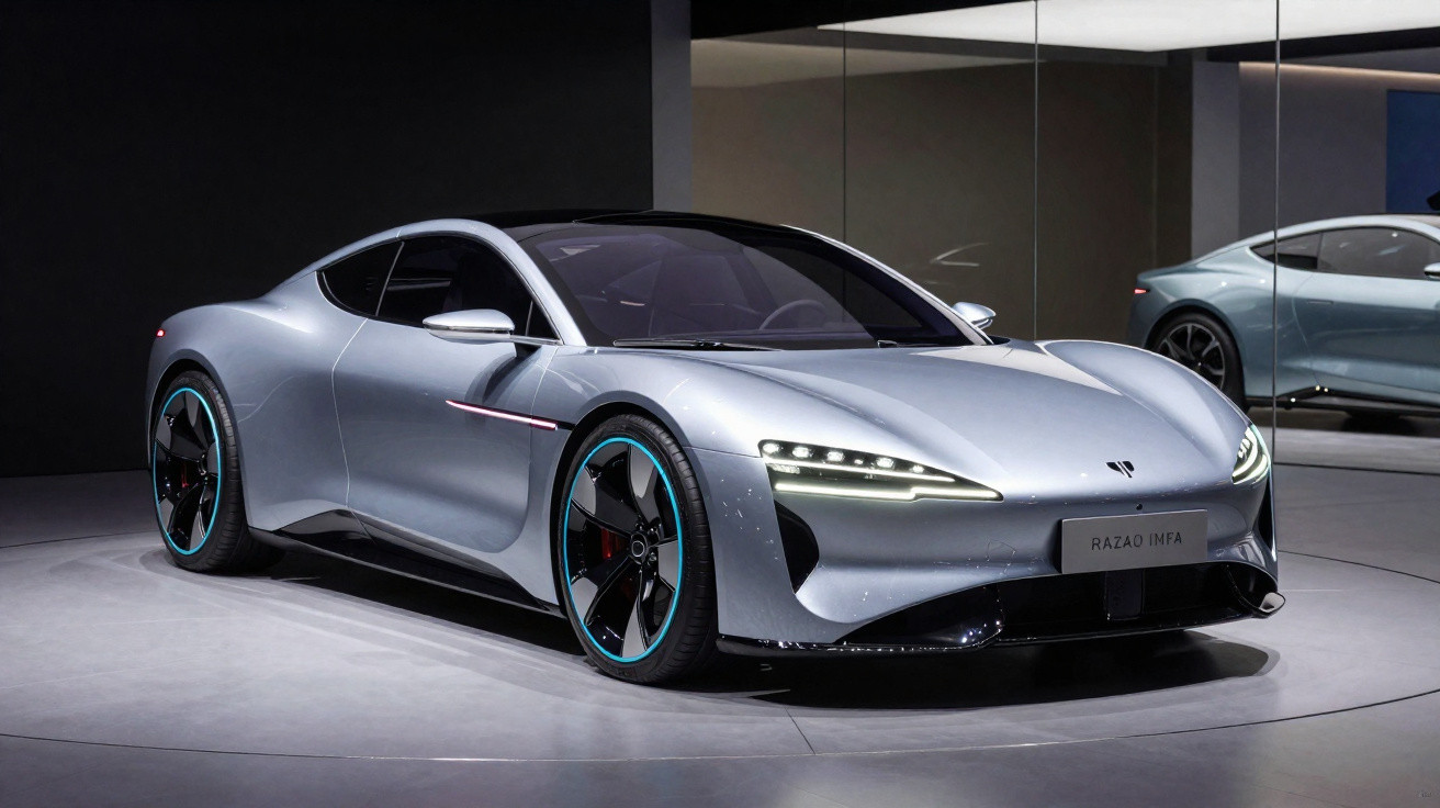 Carro esportivo cinza prata com design moderno em exposição em ambiente interno com espelhos.