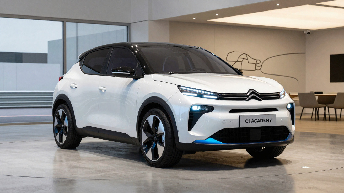 Carro branco Citroën C1 Academy em exposição interna com design moderno e faróis LED acesos.