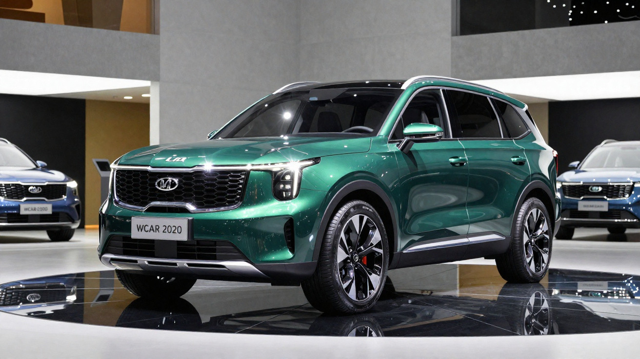 SUV verde da Kia modelo WCAR 2020 exposto em plataforma giratória em salão automotivo interno.
