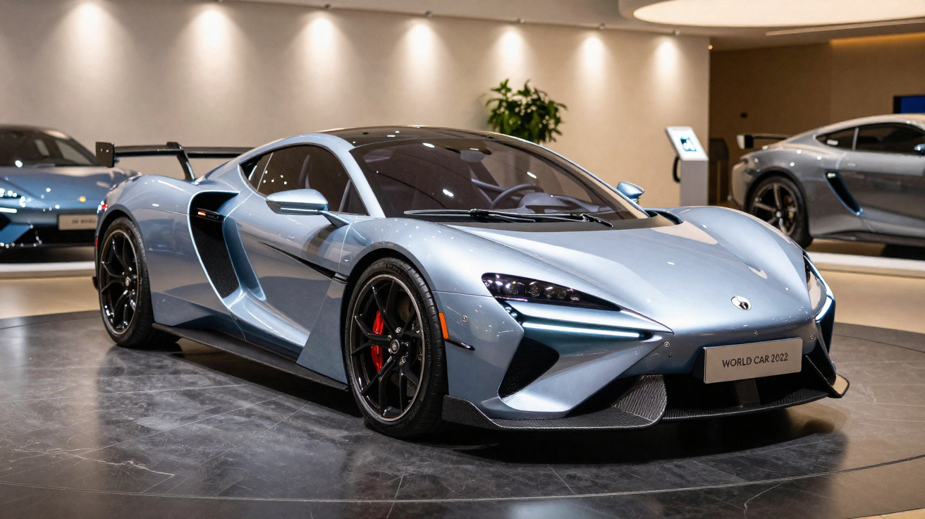 Carro esportivo prata exposto em salão com iluminação suave e outras duas cores de carros ao fundo.