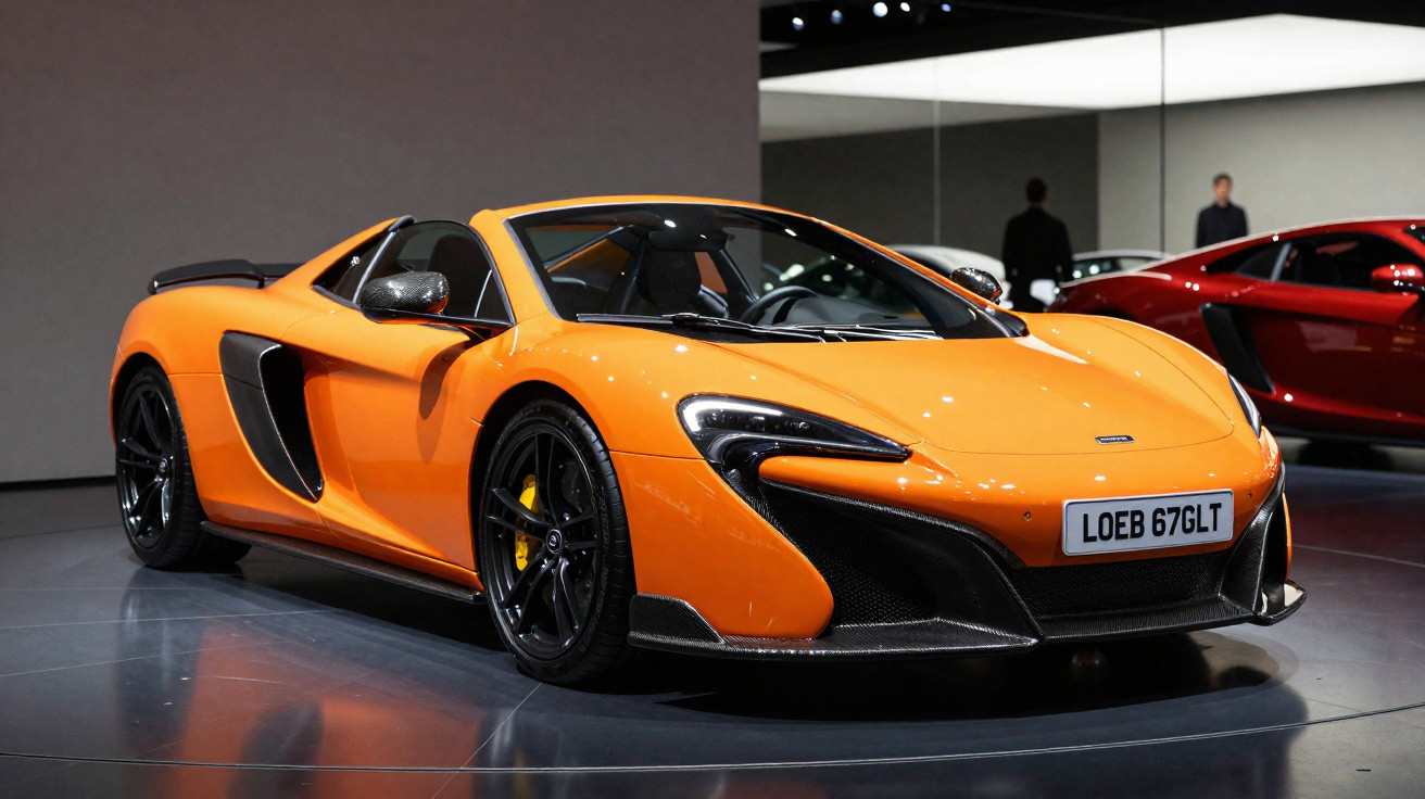 Carro esportivo conversível laranja em exposição, com rodas pretas e detalhes aerodinâmicos.