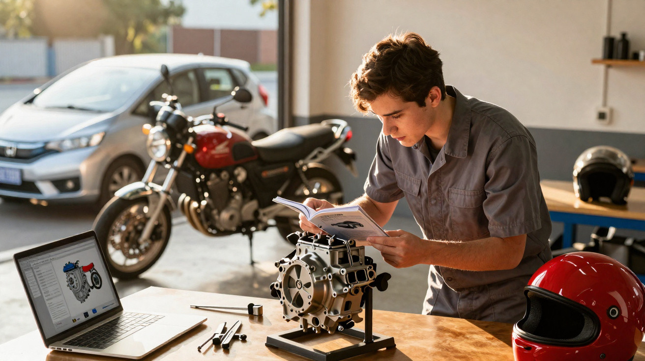 Jovem estudando motor de motocicleta em oficina com capacetes, moto e laptop ao redor.