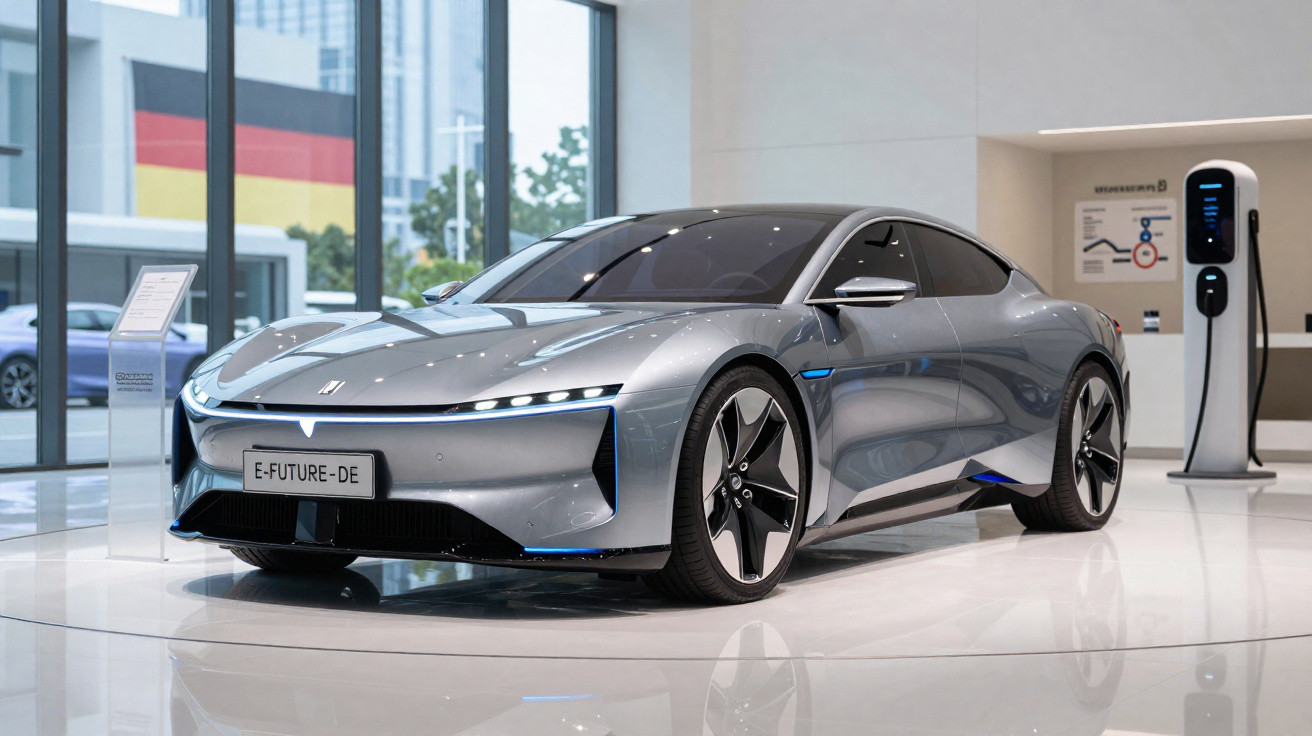 Carro elétrico cinza moderno em exposição com estação de recarga e bandeira da Alemanha ao fundo.