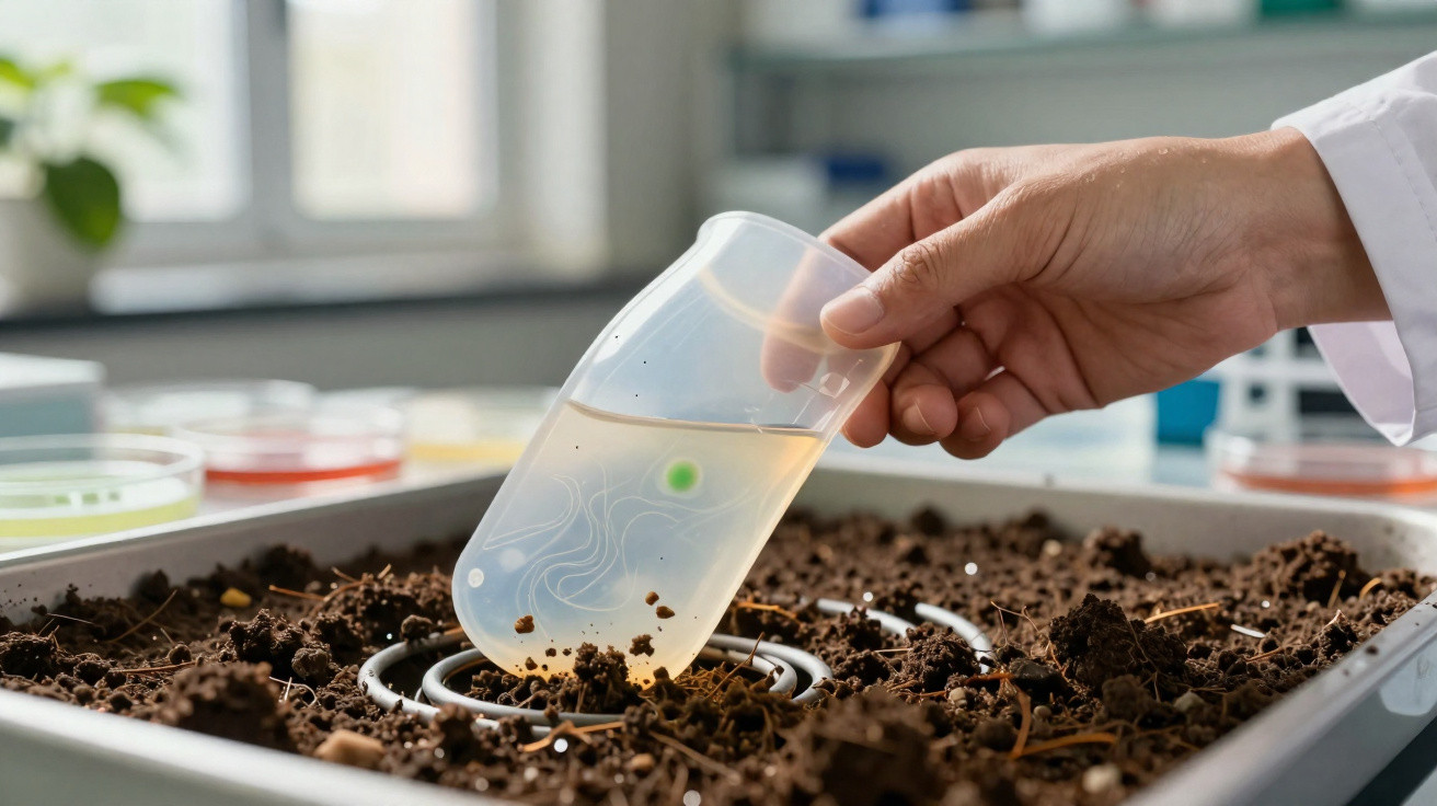 Mão segurando recipiente com líquido sobre bandeja com terra em laboratório, ao fundo placas de Petri.