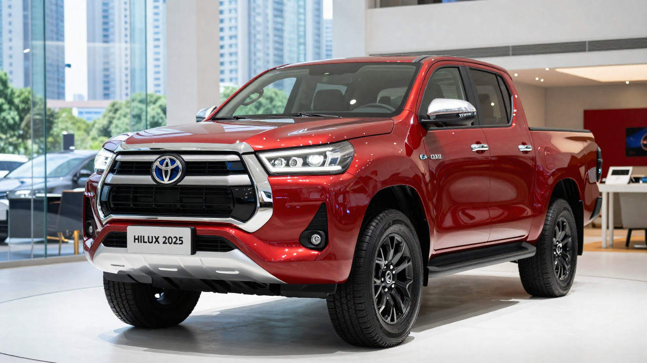 Picape Toyota Hilux 2025 vermelha exposta dentro de showroom com prédios ao fundo.