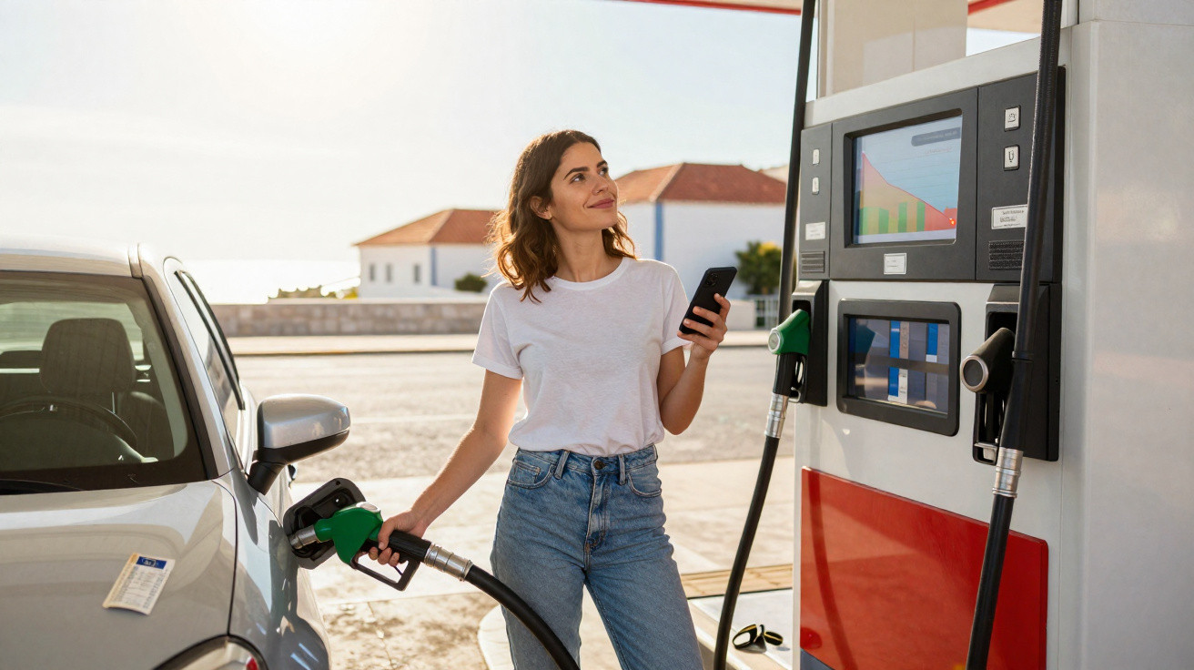 Mulher com camiseta branca abastecendo carro em posto de gasolina, segurando celular e sorrindo.