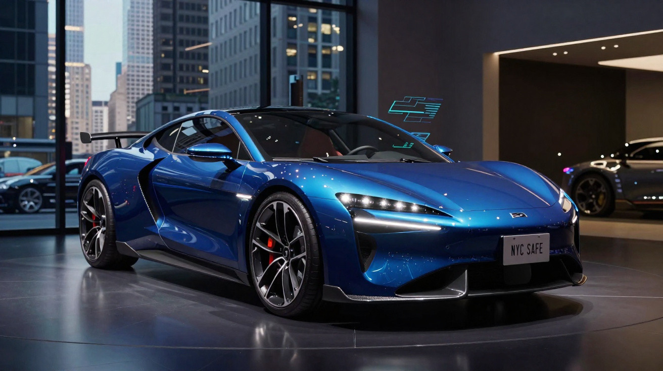 Carro esportivo azul metálico em exposição com prédios urbanos ao fundo e iluminação ambiente interna.