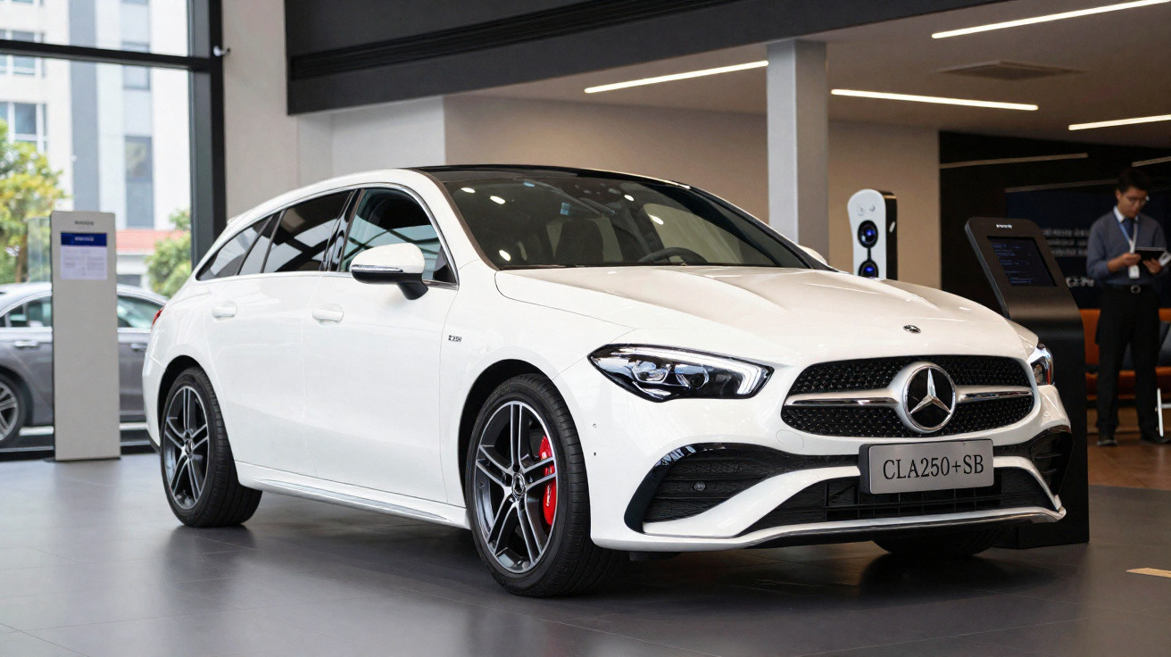 Carro branco Mercedes-Benz CLA250+SB estacionado em ambiente interno com piso cinza e pessoas ao fundo.