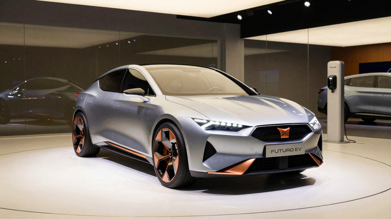 Carro elétrico cinza com detalhes cobre exposto em showroom moderno com estação de recarga ao fundo.