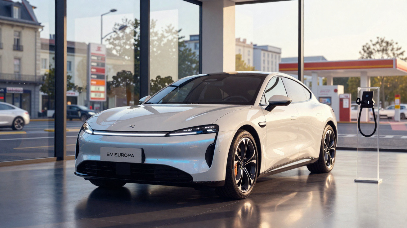 Carro elétrico branco EV Europa exibido em showroom moderno com estação de recarga ao lado.