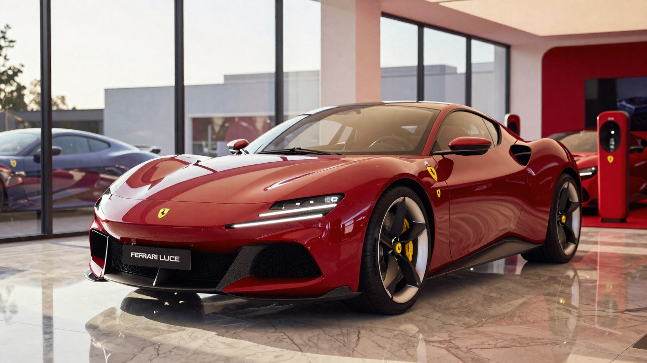 Carro esportivo Ferrari Luce vermelho brilhante em showroom moderno com piso de mármore.