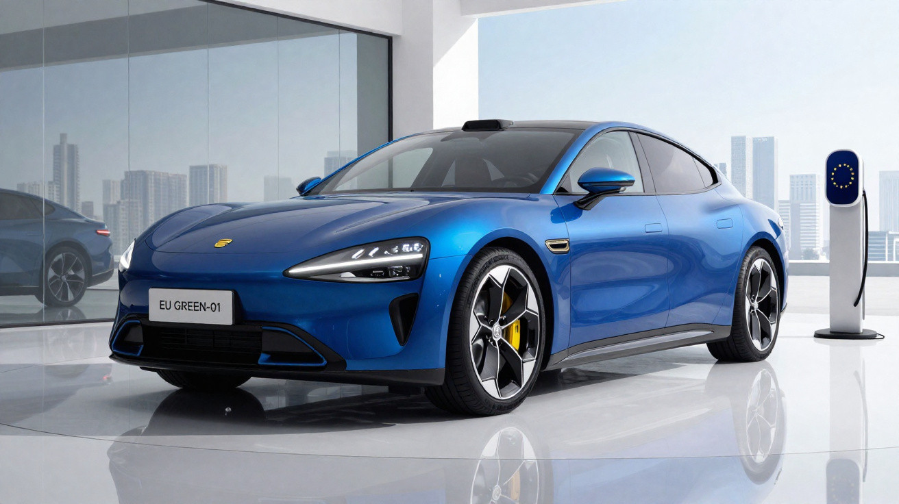 Carro elétrico azul estacionado em ambiente moderno com estação de recarga ao lado e reflexos no chão.