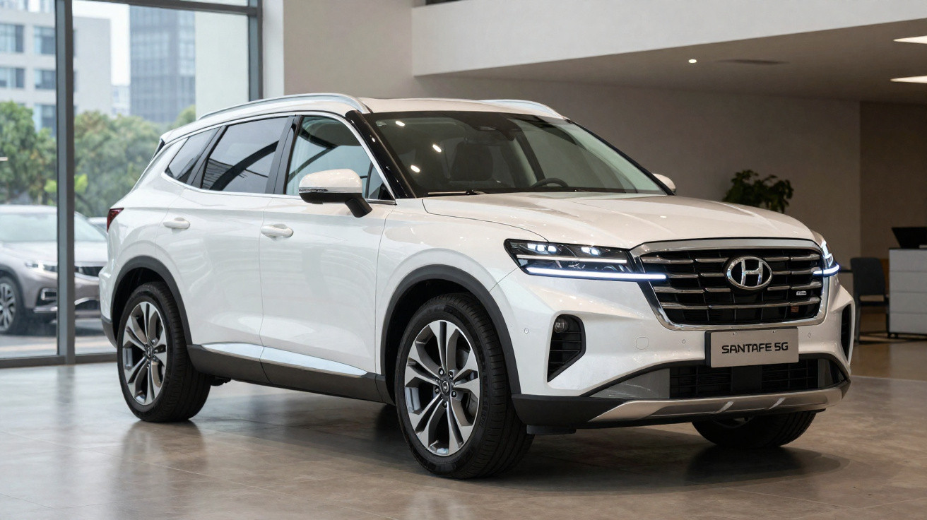 SUV branco Hyundai Santa Fe 5G exibido em showroom moderno com piso cinza e paredes claras.
