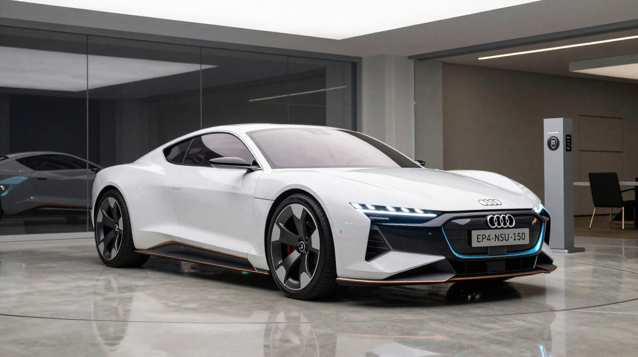 Carro esportivo elétrico branco Audi esportivo estacionado em ambiente interno moderno.